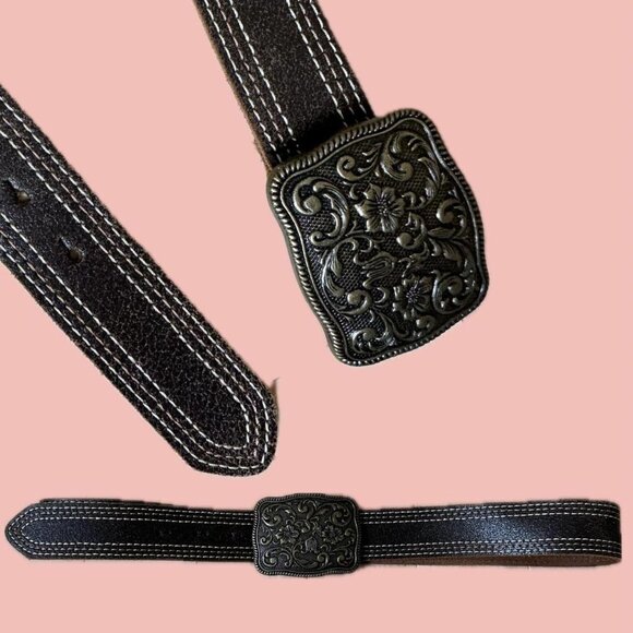 Western Leather Belt – Tooled Buckle, Made in Canada - Picture 1 of 7